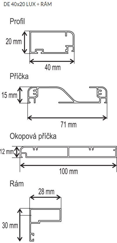 Síť dveřní pantová, profil DE 40 × 20 LUX – výkres