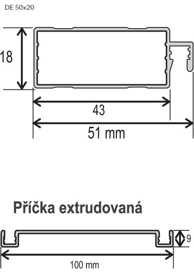Síť dveřní pantová, profil DE 50 × 20 – výkres